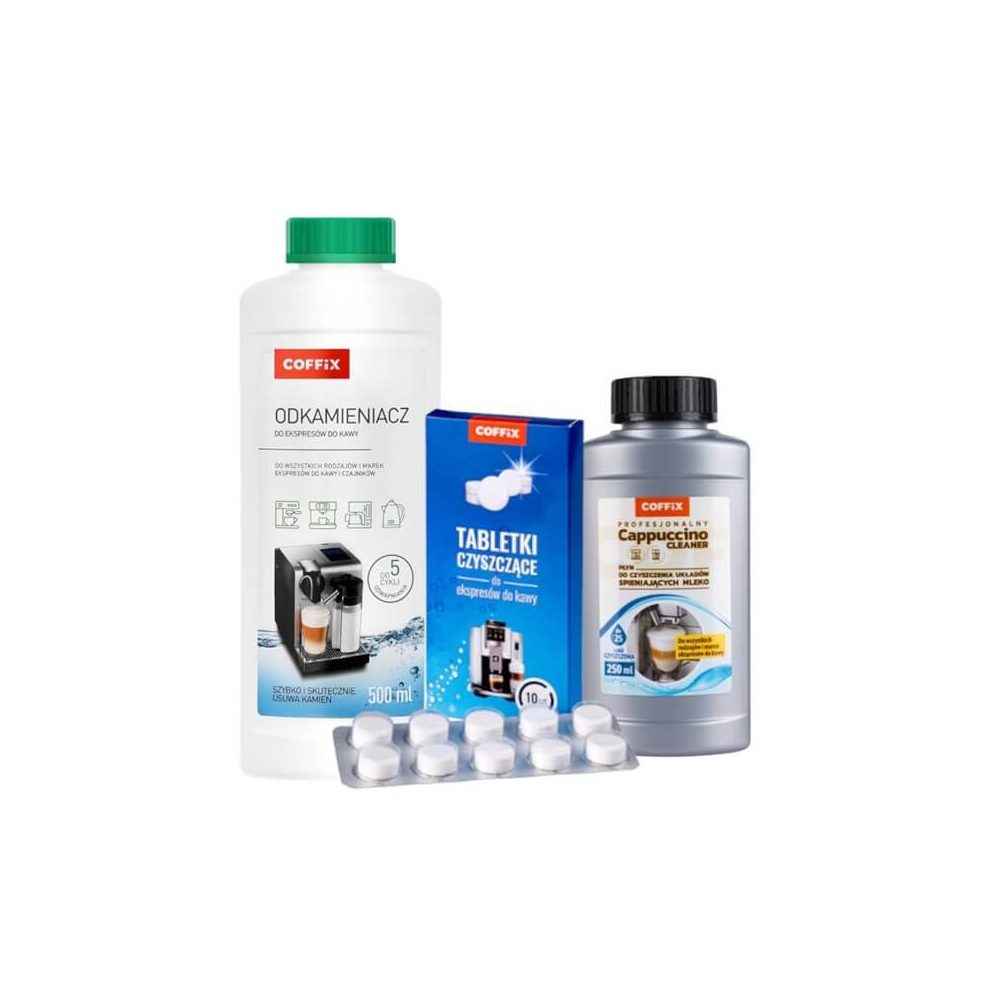 COFFIX kávégép karbantartó készlet - Vízkőoldó-500 ml, Cappuccino Tejrendszer tisztító-250 ml, Tisztítótabletta-10 db