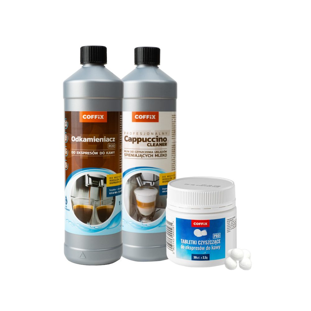 COFFIX kávégép karbantartó készlet - vízkőoldó 1000ml, Cappuccino tejrendszer tisztító 1000ml, PRO géptisztító tabletta