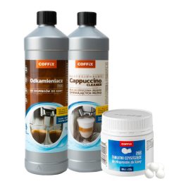   COFFIX kávégép karbantartó készlet - vízkőoldó 1000ml, Cappuccino tejrendszer tisztító 1000ml, PRO géptisztító tabletta